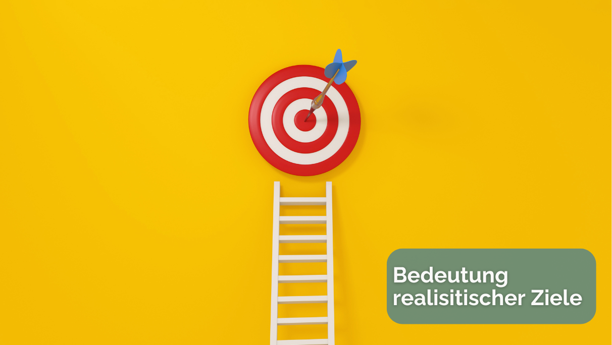 Vor einem gelben Hintergrund ist eine weiße Leiter zu sehen. Über ihr hängt eine Zielscheibe mit einem blauen Pfeil in der Mitte.